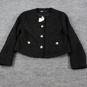 Zara Jacket Women Medium Metallic Thread Tweed Cropped Blazer Black Party Office
